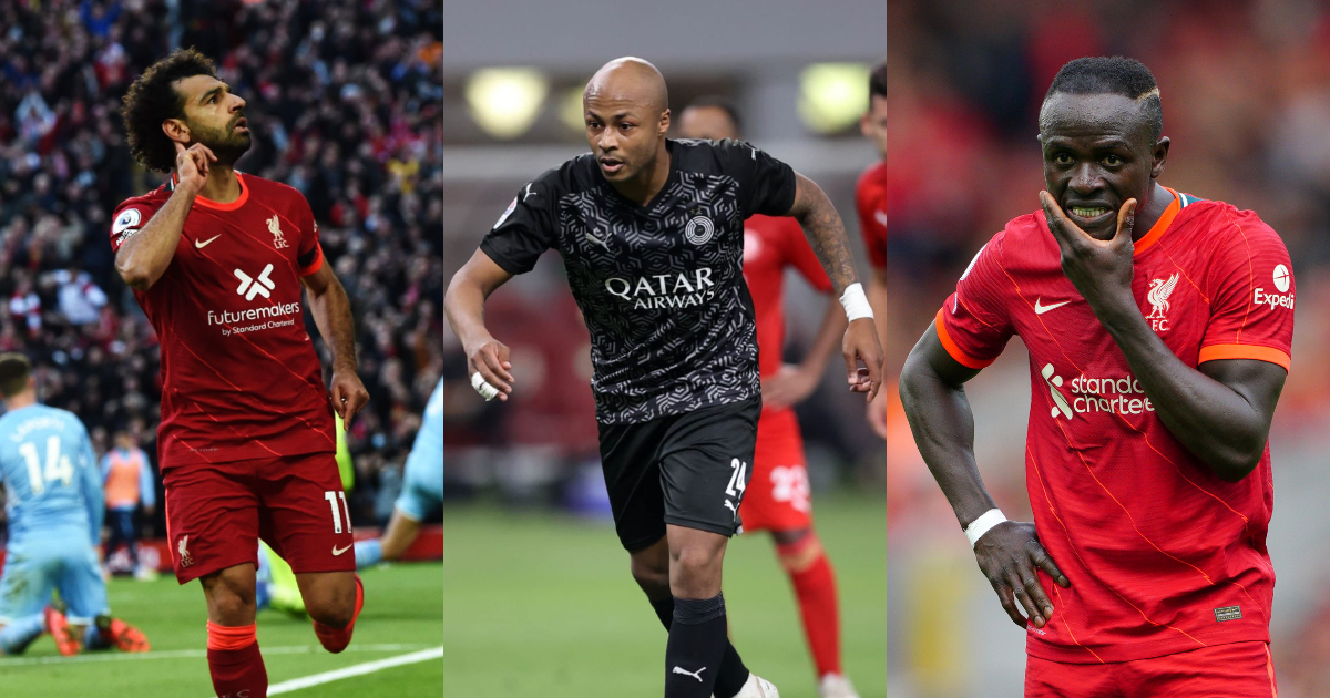 Andre Ayew and Liverpool stars Sadio Mane and Mohammed Salah. SOURCE: Twitter/ @AlsaddSC @LFC
