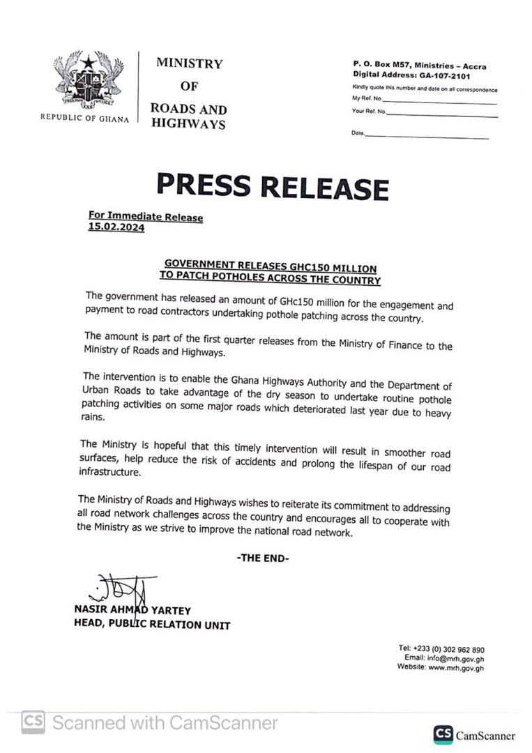 Statement by the Ministry of Roads and Highways.