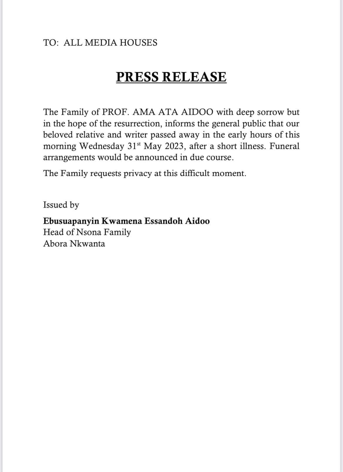Statement from family of Prof Ama Atta Aidoo