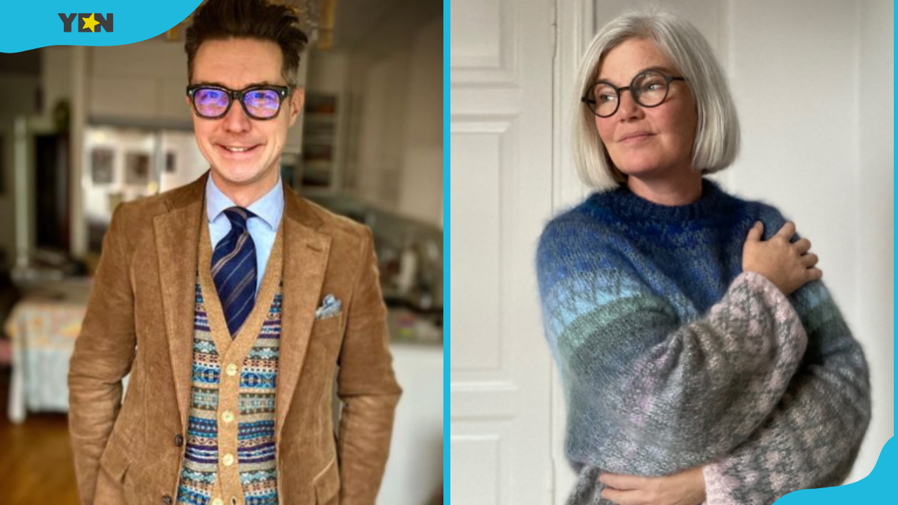 A man wearing a Fair Isle sweater in an official outfit (L) and a woman in a shed of blue Fair Isle sweater (R)