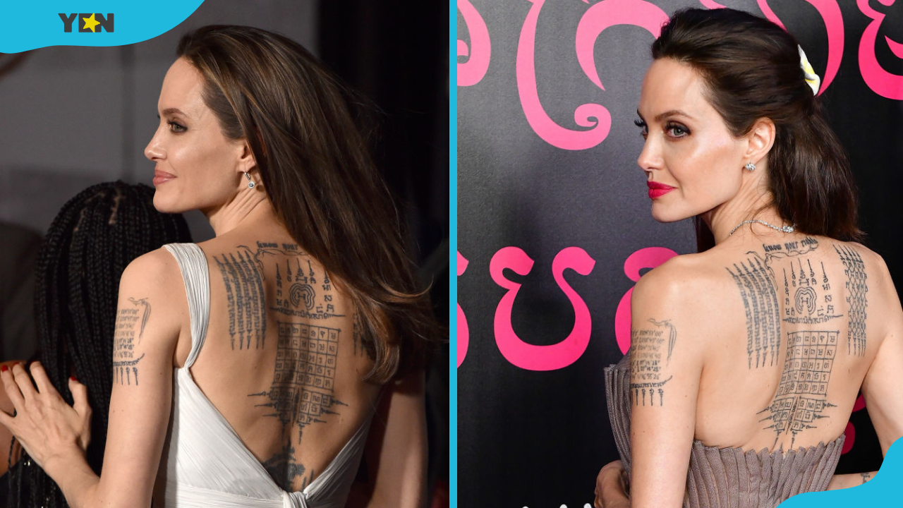 Angelina Jolie's back and arm tattoos on display
