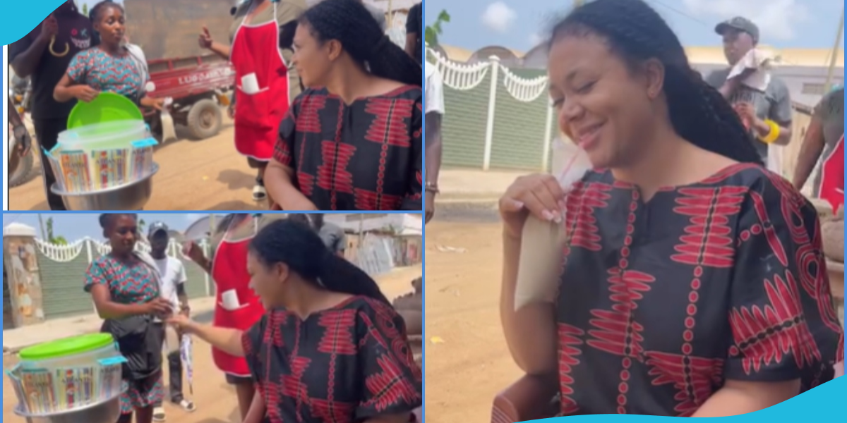 Nadia Buari buys and drinks asana for the first time by the roadside, delights Ghanaians