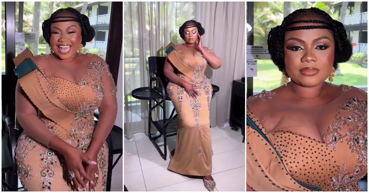 Empress Gifty looks ethereal in a creamy peach corset gown, rocks braided wig in video: "Noko pressure"