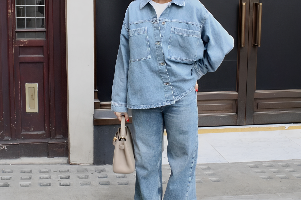 A lady holding a handbag is wearing a double denim outfit