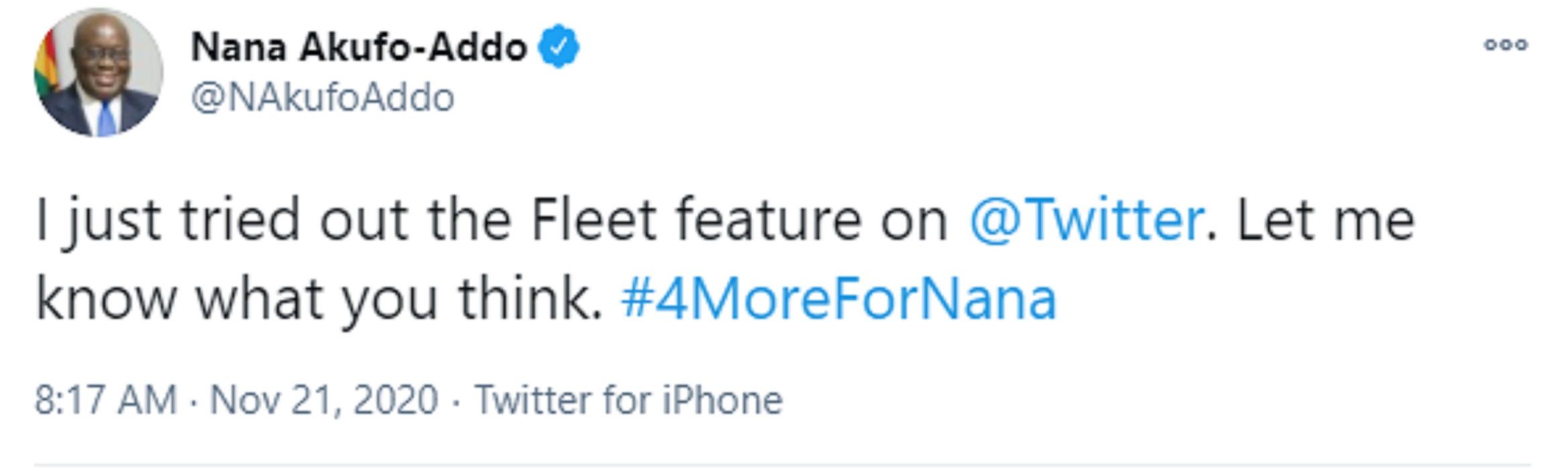 Twitter burns with reactions as Nana Addo tries fleet feature