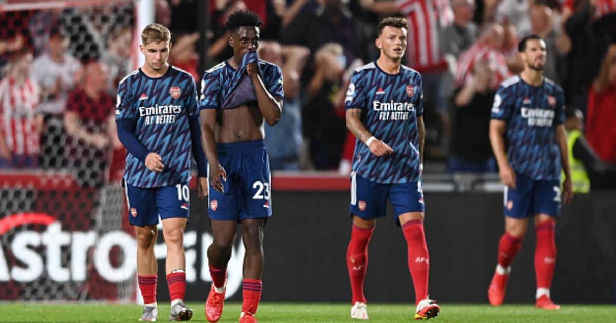 Emile Smith Rowe and Albert Sambi Lokonga of Arsenal look dejected after conceding their second goal against Brentford at Brentford Community Stadium on August 13, 2021 in Brentford, England. (Photo by Shaun Botterill/Getty Images)