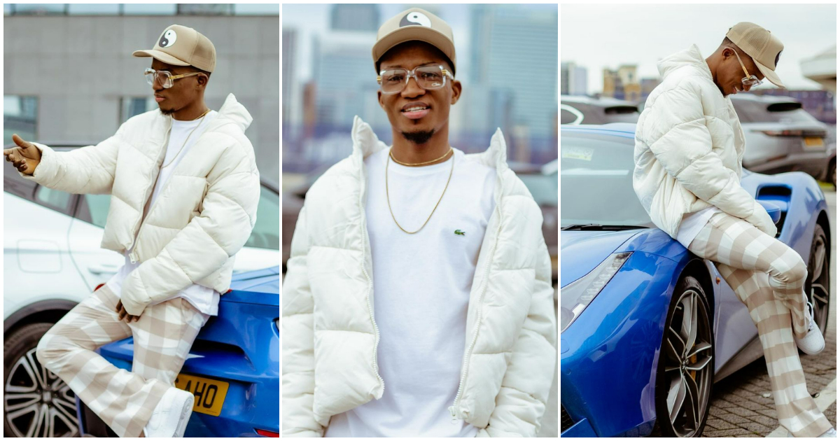 Kofi Kinaata flaunts a plush blue sports car, slays in all-white, many drool over handsomeness