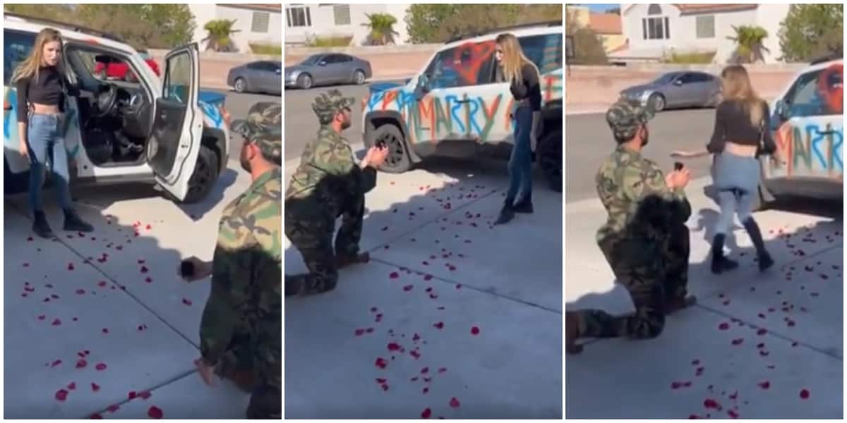 Proposal 'ends in tears' as lady slams soldier for spraying 'marry me' paint on her car