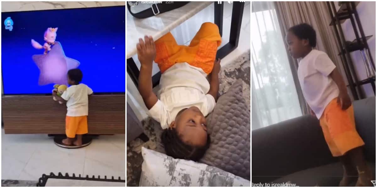 Davido’s son scatters his tastefully furnished living room, stands on over GH¢1m TV as he watches cartoon