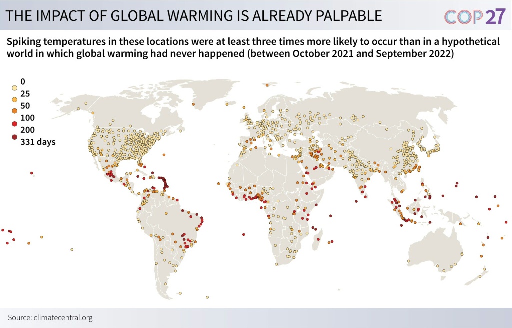 Map showing places where spiking temperatures are three times more likely to occur than in a hypothetical world without global warming