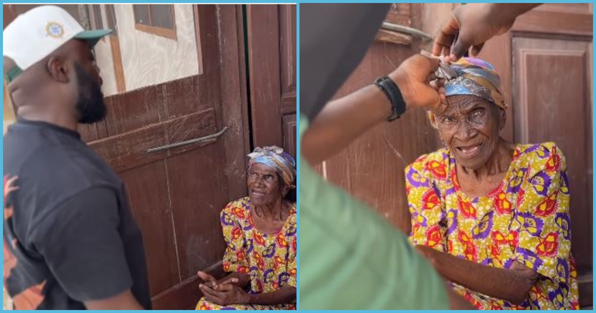 Kwadwo Sheldon shows love to his granny as he helps tie her headscarf
