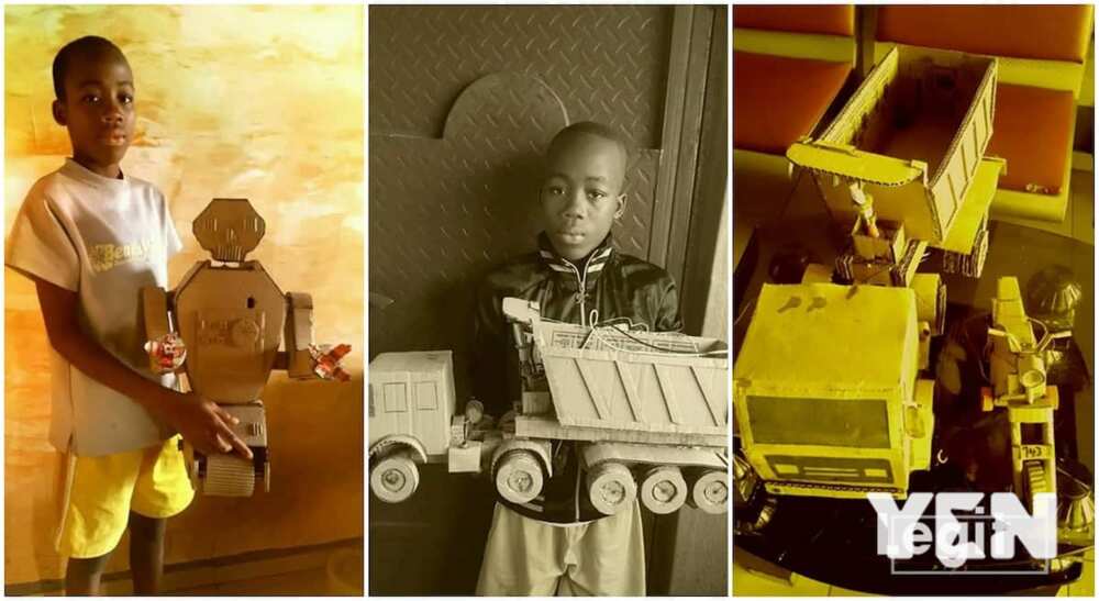 Photos of a Nigerian boy called Engineer Olewunne Praise who builds machines with carton.