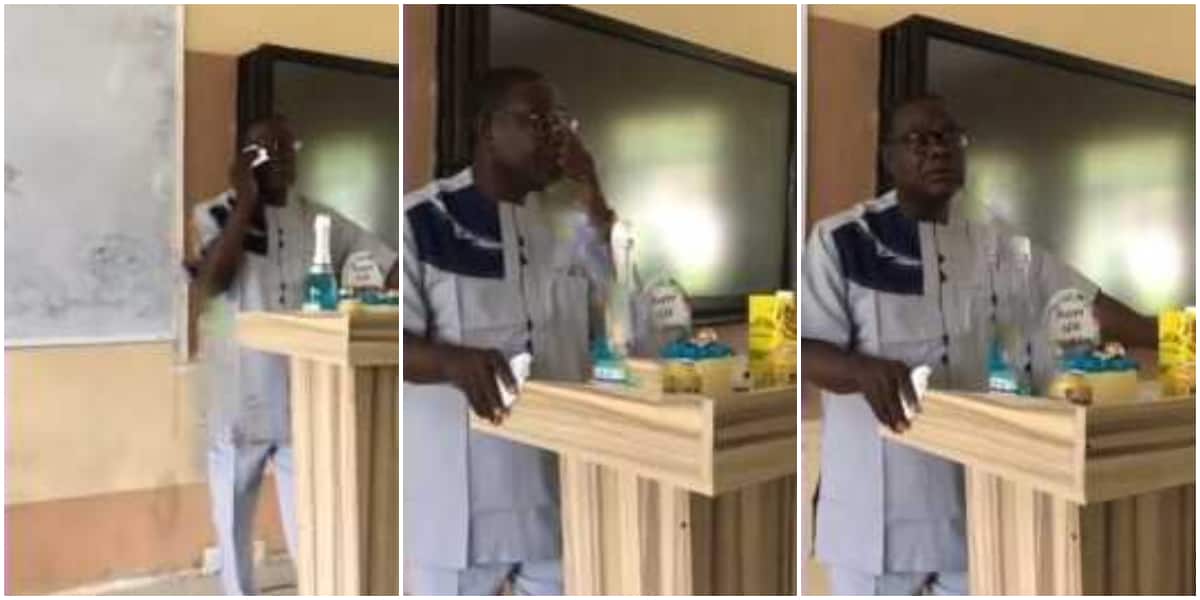 Video shows moment Nigerian lecturer wiped tears from his eyes after students stun him gits on 60th birthday