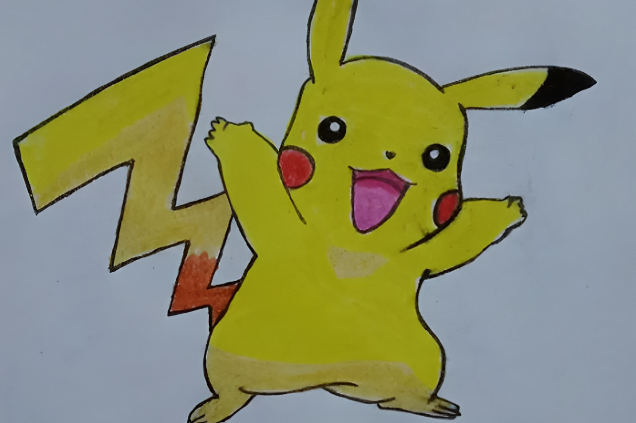 Pikachu cartoon is drawn on paper
