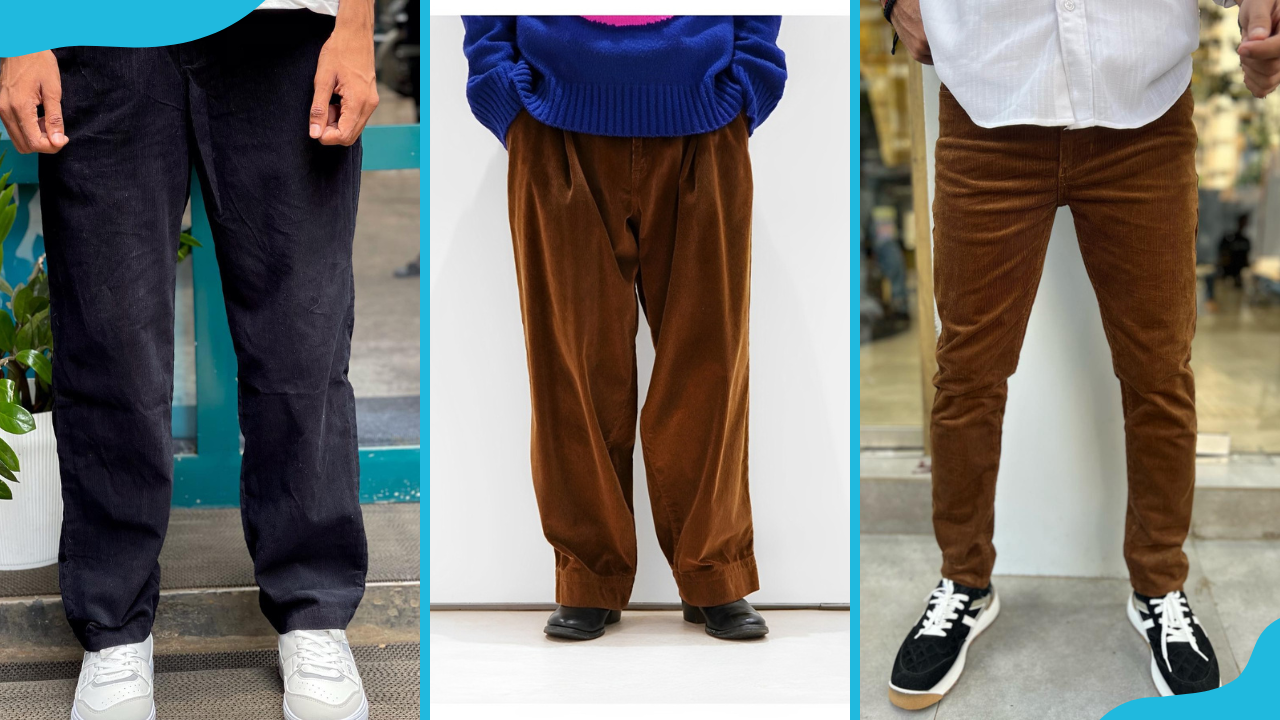 Corduroy trousers are in three variations: straight (L), baggy (C), and slim-fit (R).