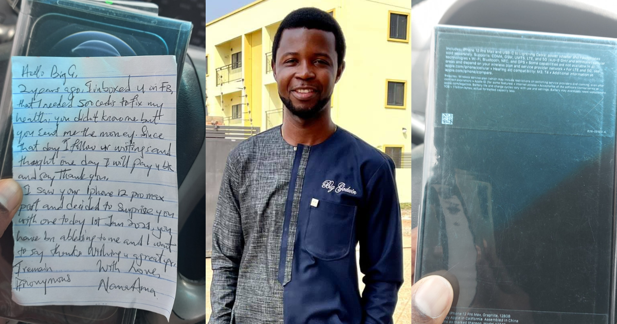 Young Ghanaian man Godwin Martey in shock after receiving iPhone 12 pro max from unknown giver
