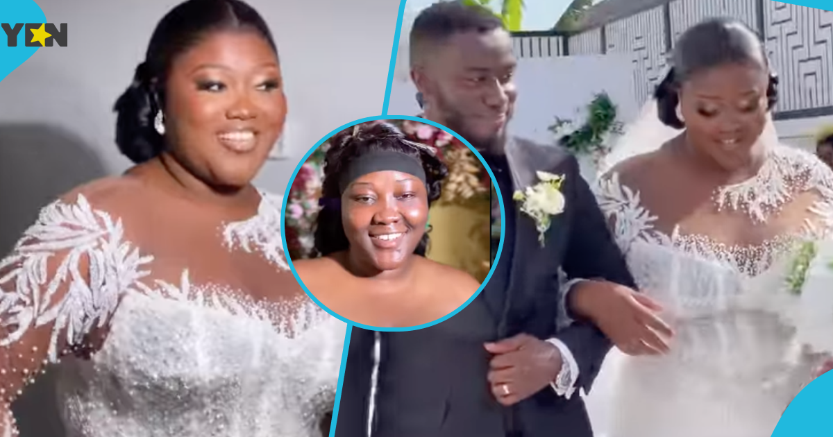 Plus-size Ghanaian bride stuns in long-sleeve lace gown with rhinestones for her garden wedding
