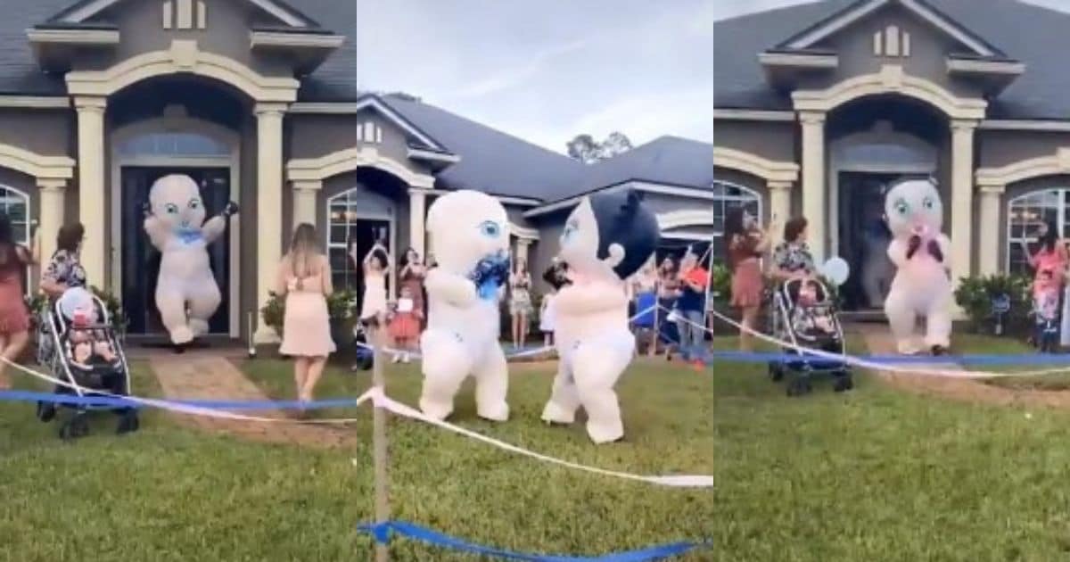 Bizarre gender reveal party with 2 giant babies fighting goes viral