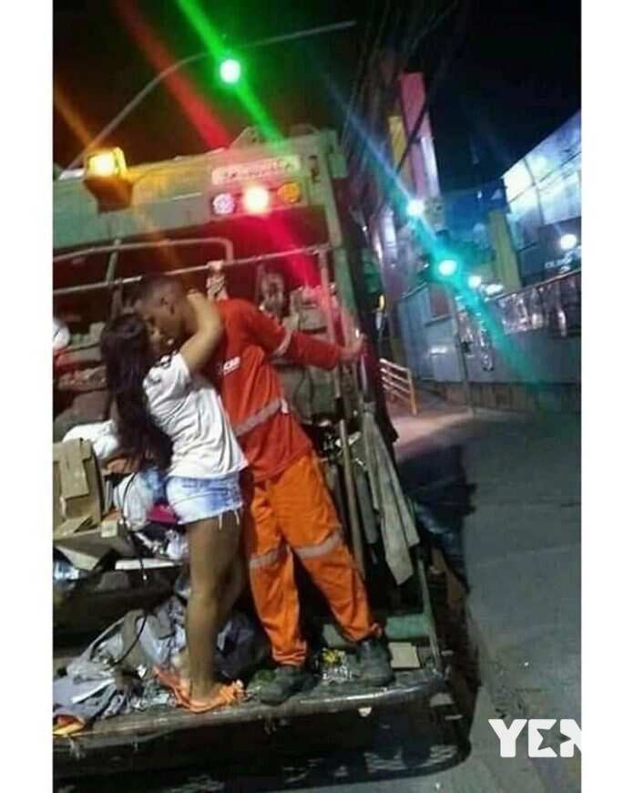 Photo of 'Zoomlion' worker and his pretty girlfriend 'chopping love' in a garbage truck pops up