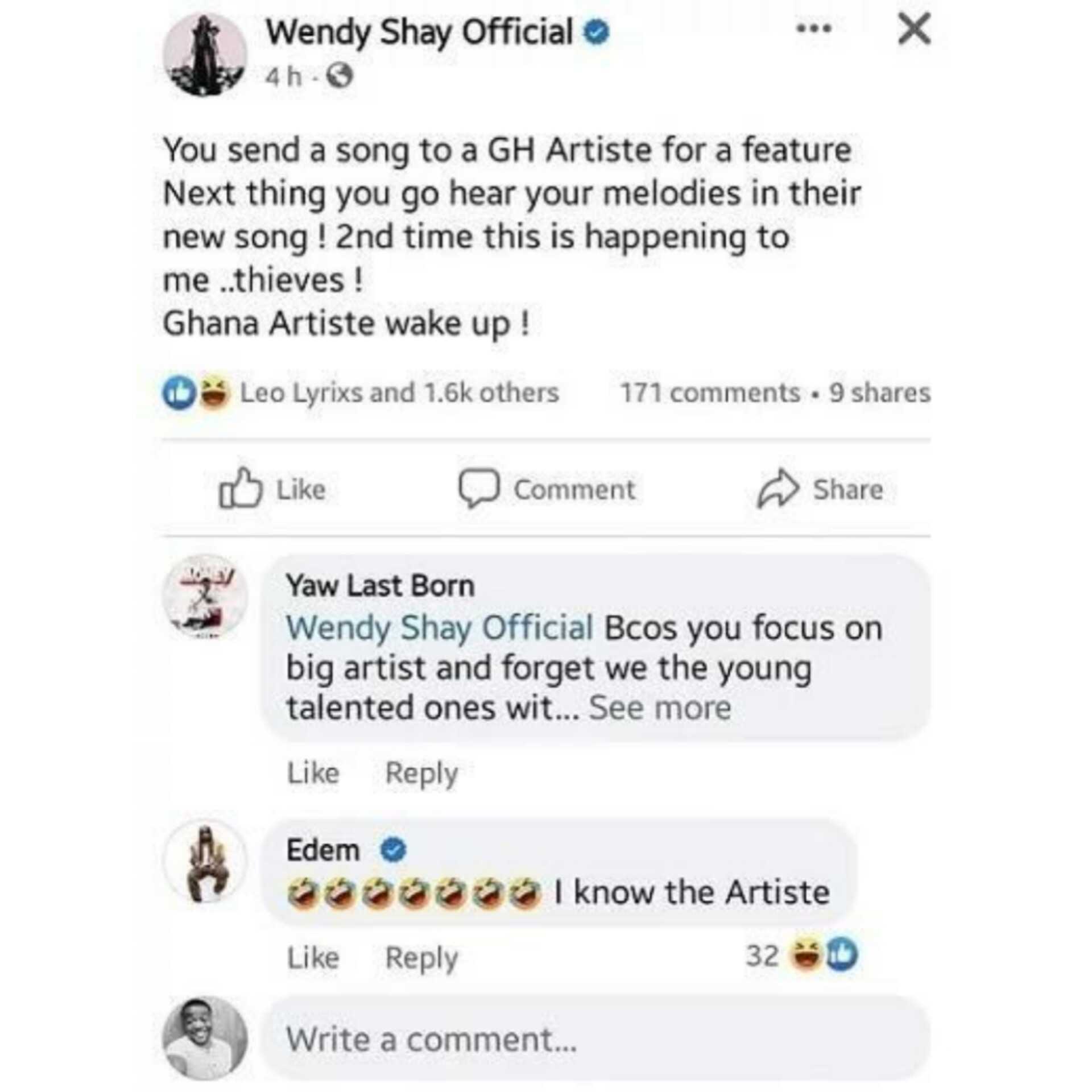 Ayigbe Edem replies Wendy Shay