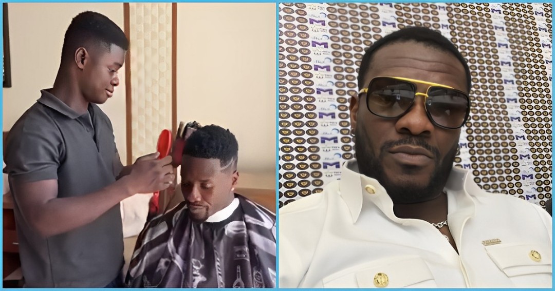 Photo of Asamoah Gyan and a barber