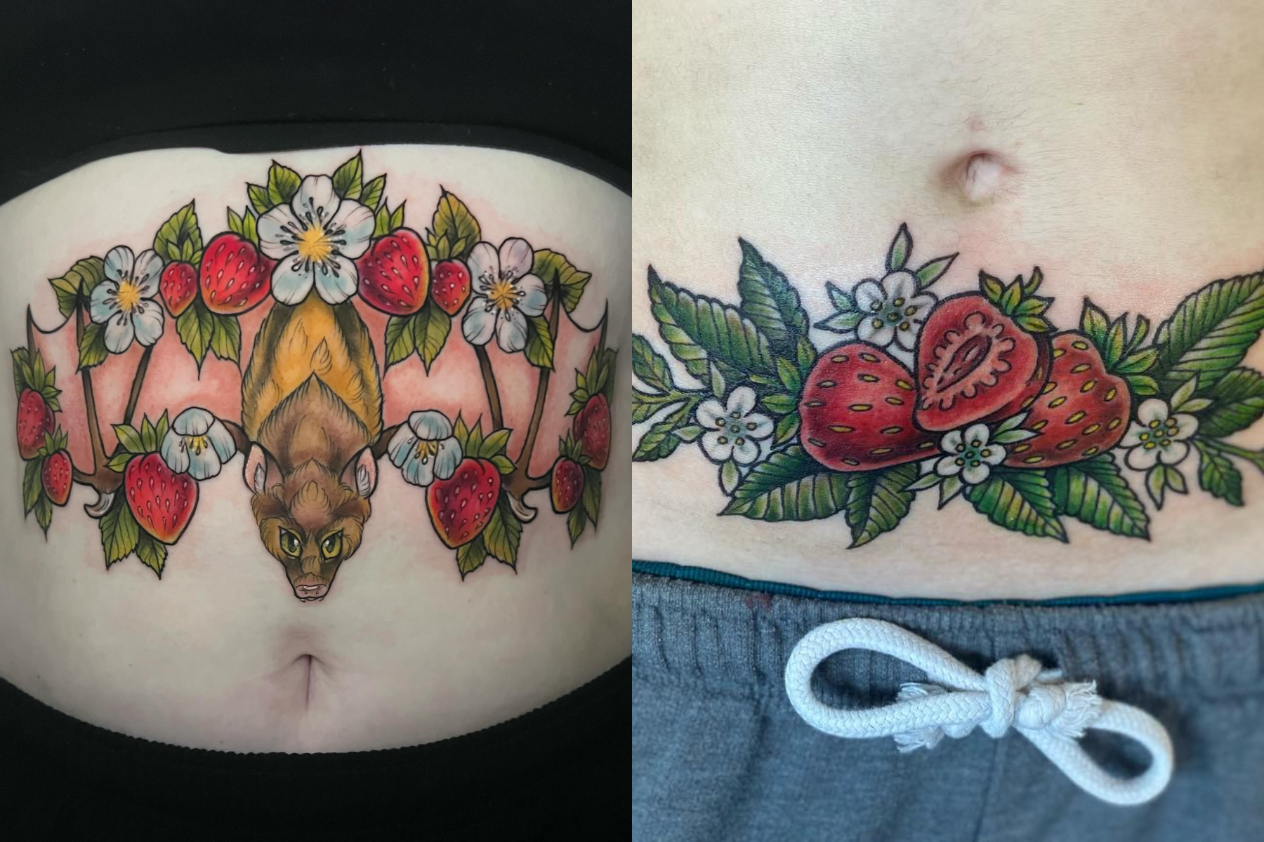 Ladies with red strawberry tattoos on tree branches