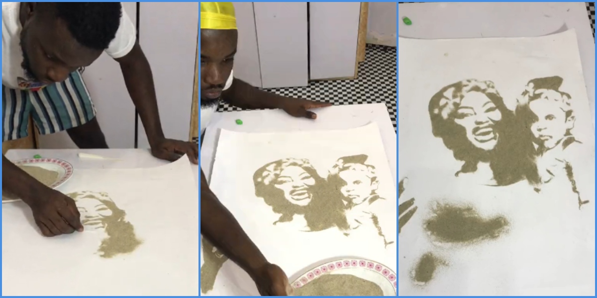 Photo of the young Ghanaian artist creating mosaic of Nana Ama McBrown and her daughter