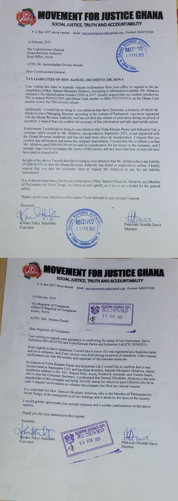 Letter by the Movement For Justice Ghana makes serious allegations against Ablakwa.