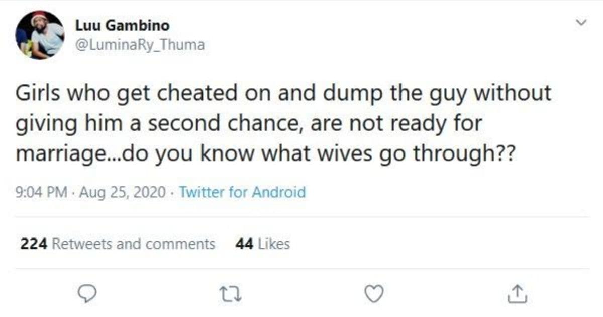 Man says women who dump cheating boyfriends aren't ready for marriage
