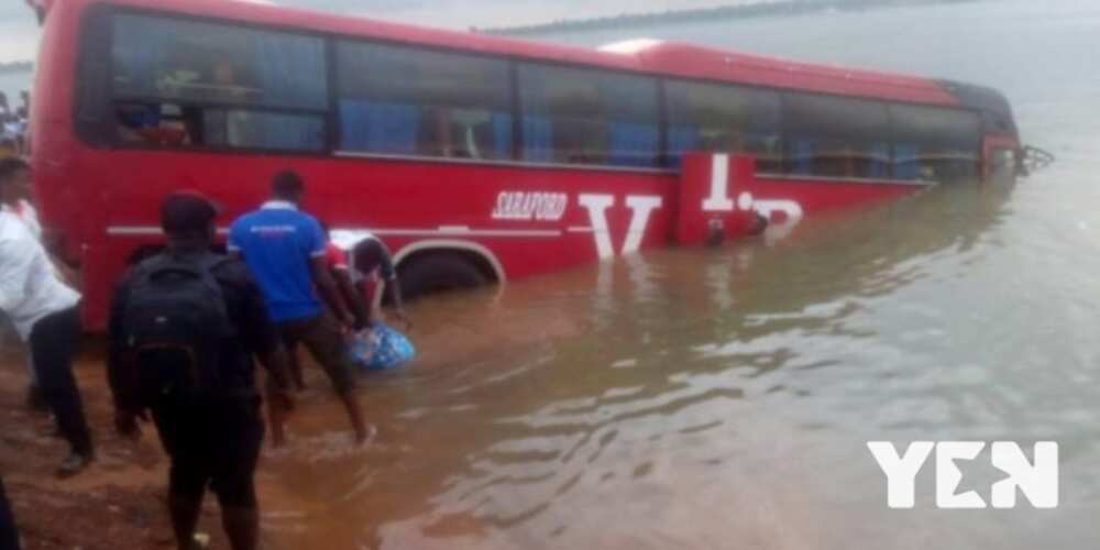VIP bus en route to the Northern Region takes nose dive into River Oti at Dambai