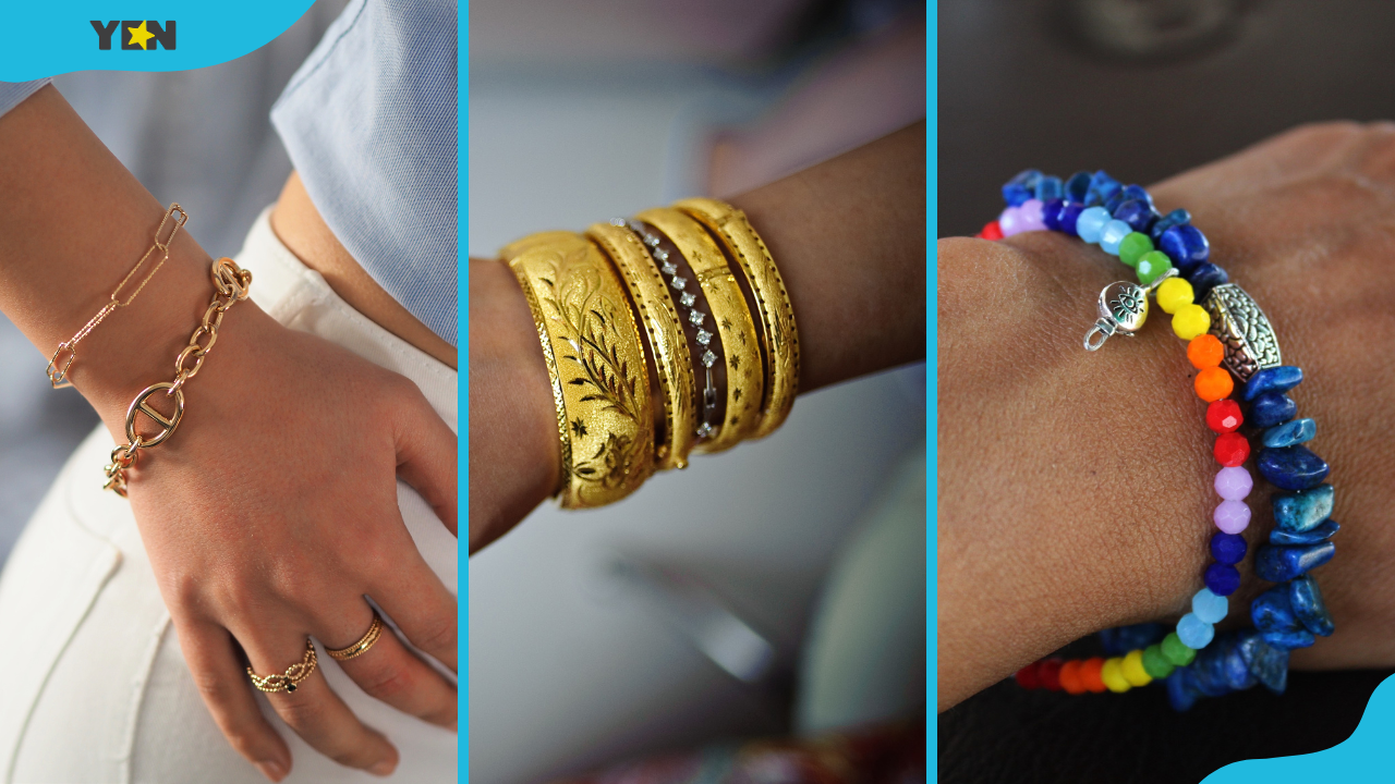 Types of bracelets; chain bracelets (L), cuff bracelets (C), and bead bracelets (R)