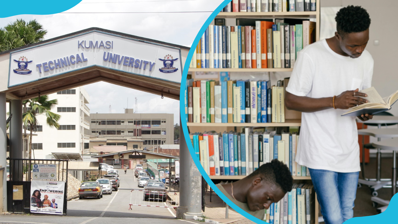 The Kumasi Technical University gate and students in a library