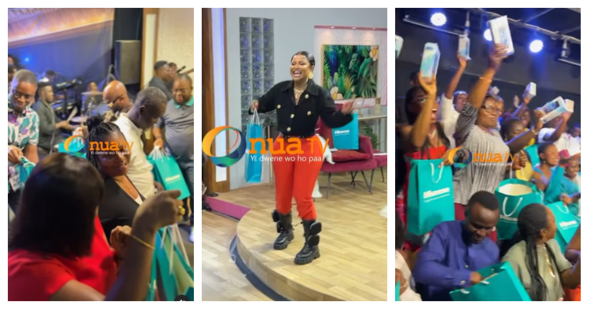 "GH Oprah": Nana Ama McBrown, in video, gives new Hisense phones on set, peeps hail her
