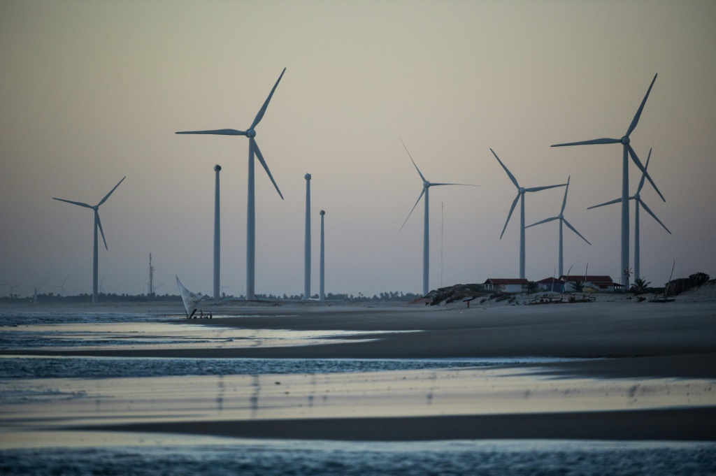 Wind turbines along the coast at Prainha do Canto Verde, in Ceara state in northeastern Brazil