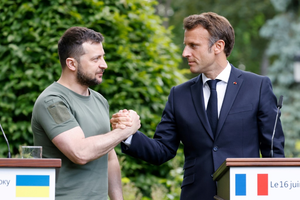 President Emmanuel Macron has pledged continuing support for Ukraine and President Volodymyr Zelensky