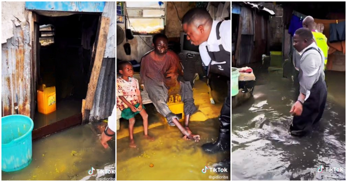 Photos of men assessing the level of damage done by heavy flooding in a community