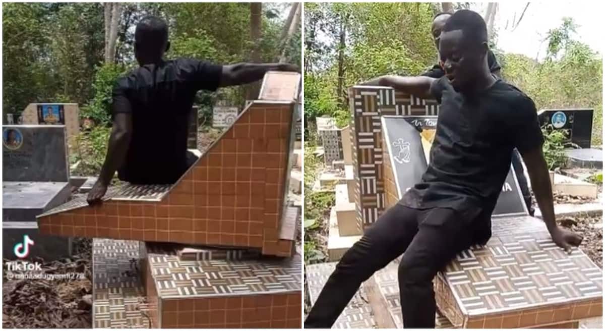 Nigerians react as Ghanaian man is seen sitting and playing on top of a spinning tomb.