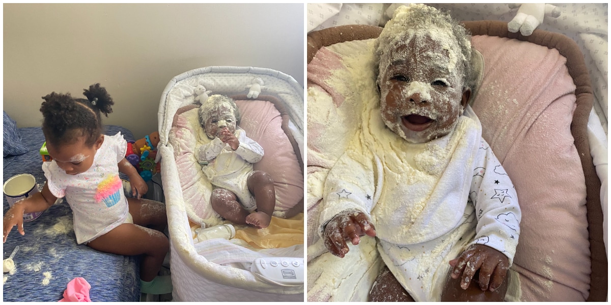 No Be that 30k Milk Be that? Nigerians React as Little Girl Bathes Baby with Full Container of Milk