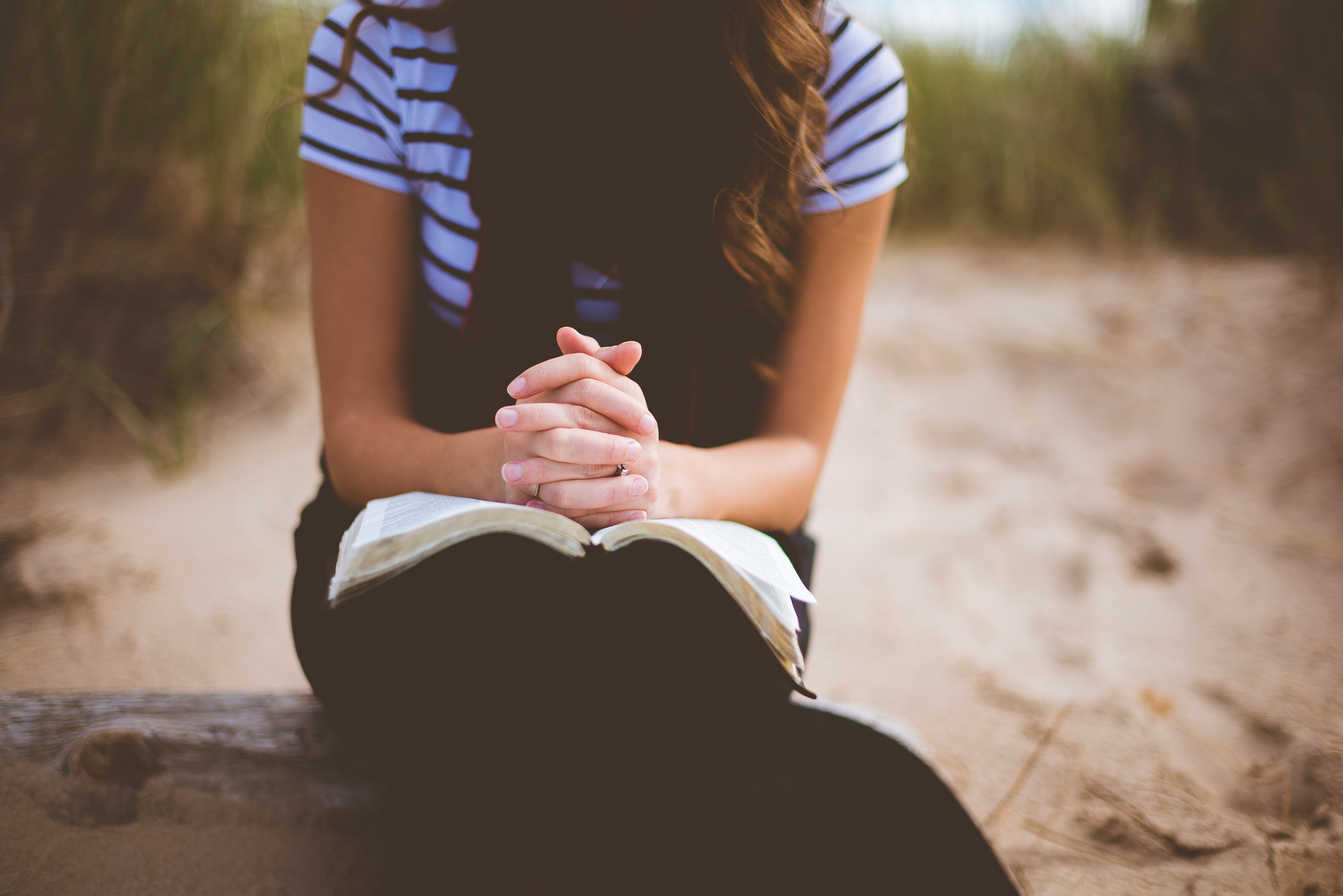 A woman is sitting on a log reading the Bible.