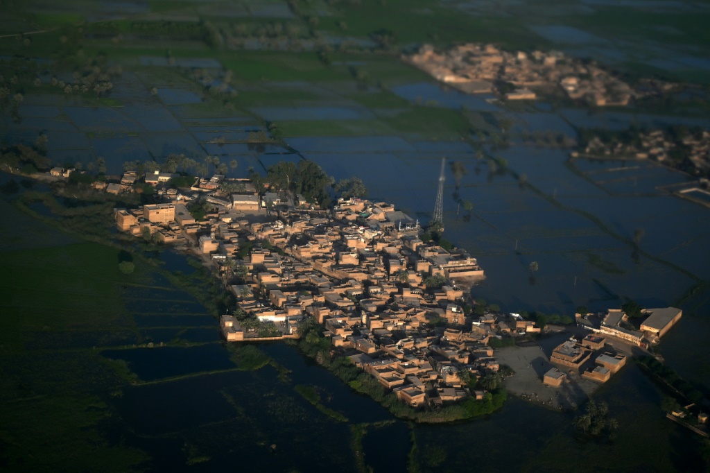 An aerial photograph showing a flooded area on the outskirts of Sukkur, Sindh province