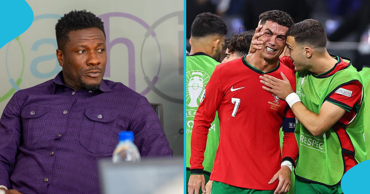 Asamoah Gyan reacts to Ronaldo's penalty miss