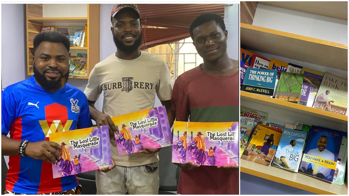 Barber with bookshelf in his shop get book donations from kind Nigerians