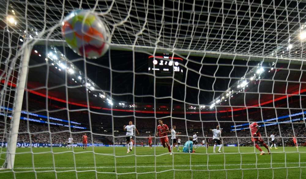Net gain: Bayern Munich's German midfielder Jamal Musiala scores one of his two goals