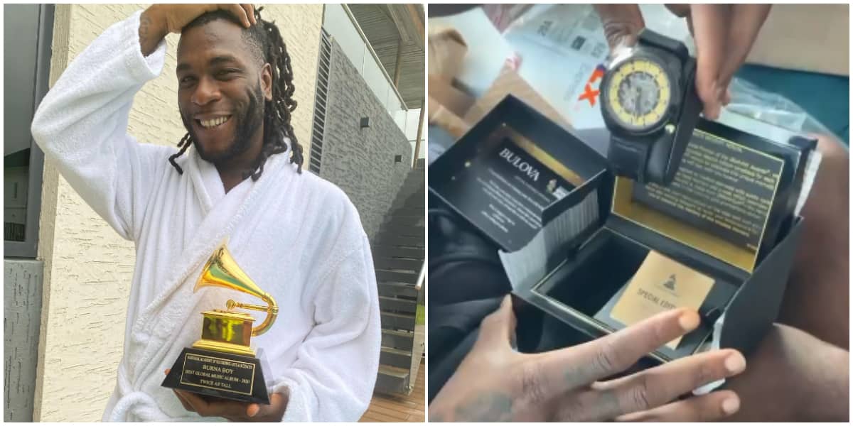Singer Burna Boy Beams with Excitement as He Receives a Customised Grammy Wristwatch, Shares Video