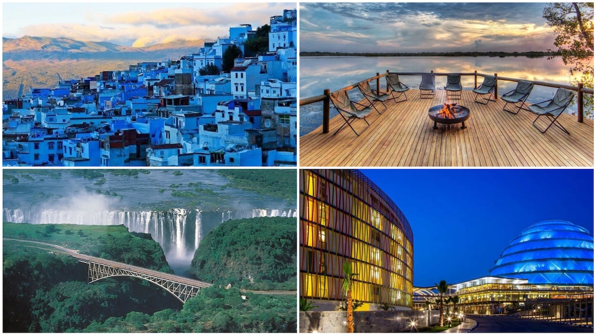 A collage of beautiful places in Rwanda, Morocco, Zambia, and Botswana. Photos sources: Medium/CultureTrip/WorldNomads