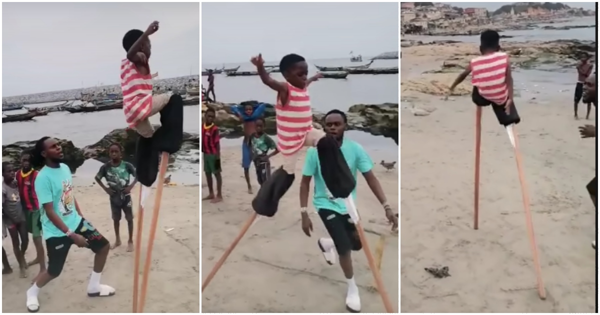 Photos from video of Ghanaian boy being taught to walk with long sticks