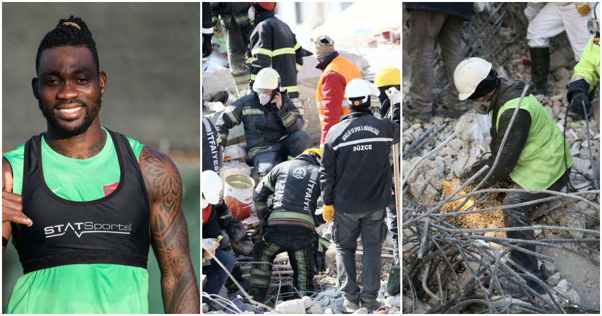 Photo of Christian Atsu and rescuers at the site of crashed building