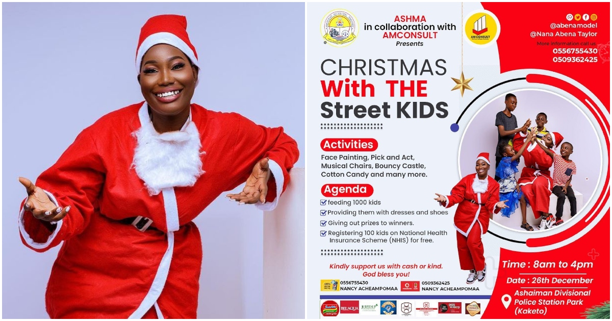 Photo of Abena Model and a flier of the Christmas event being organized to feed 1,000 kids