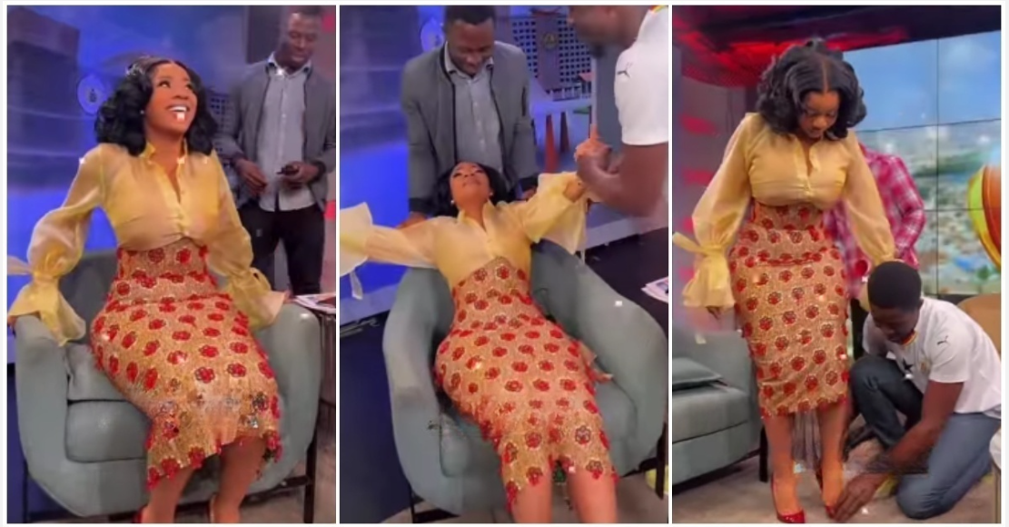 Beauty is pain: Serwaa Amihere 'collapses' on couch minutes before going on TV, says she can't breath because of her dress (Video)