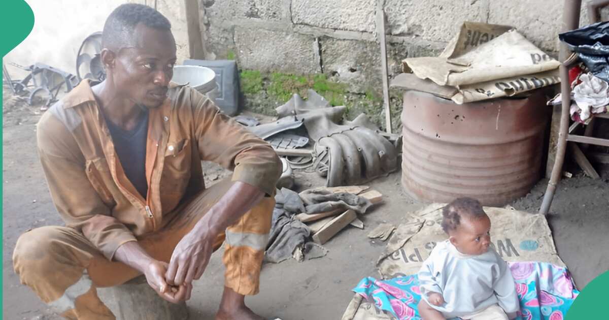 Man who is a car mechanic goes to shop with his baby after his wife left him over health challenges
